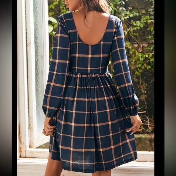 Plaid Print Crew Neck Dress, Casual Long Sleeve Dress - Picture 3 of 3